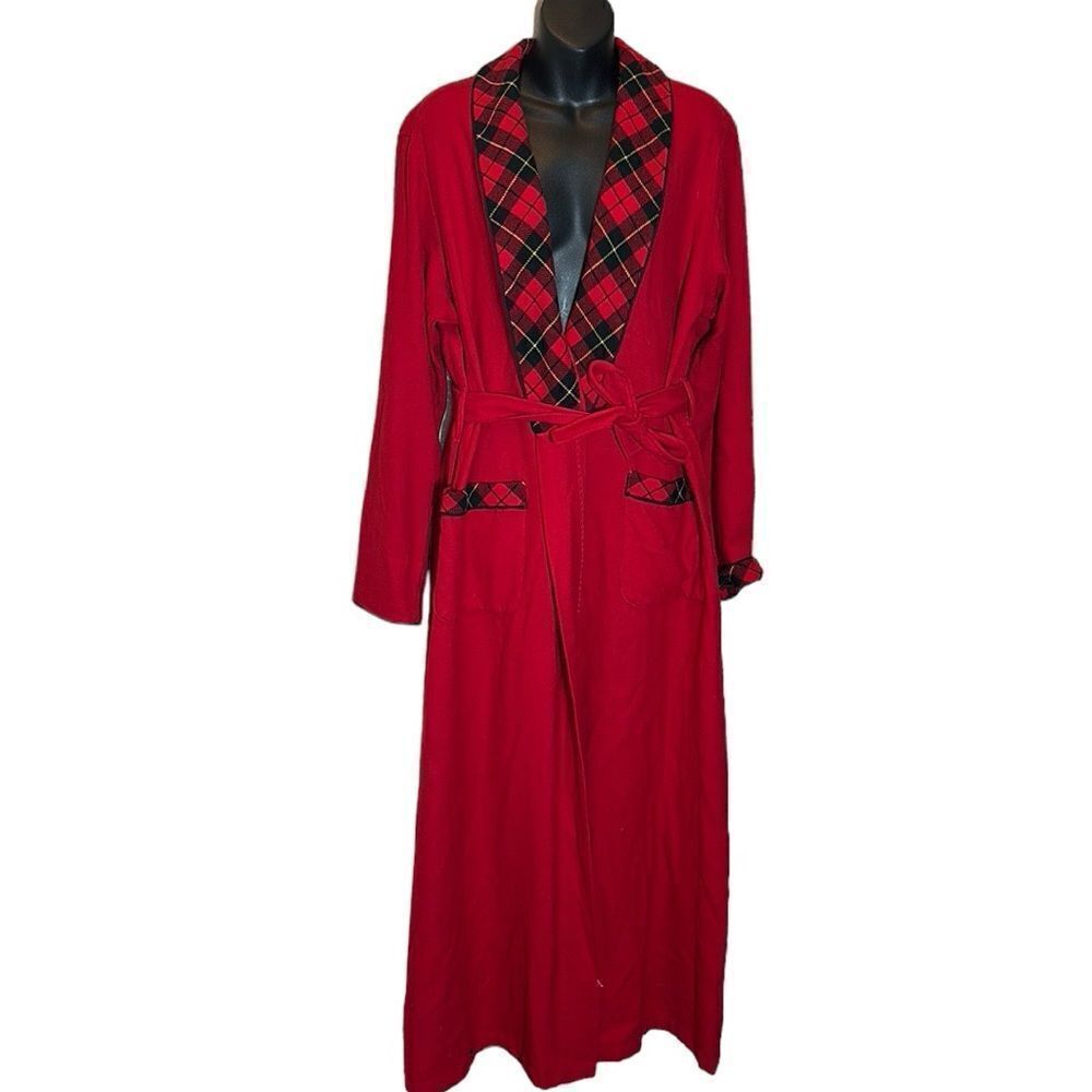 Pendleton vintage 100%‎ virgin wool long cherry red belted jacket USA made plaid